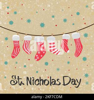 Saint-Nicolas Day, carte de vacances, décoration, chaussettes de Noël sur fond de flocons de neige Illustration de Vecteur