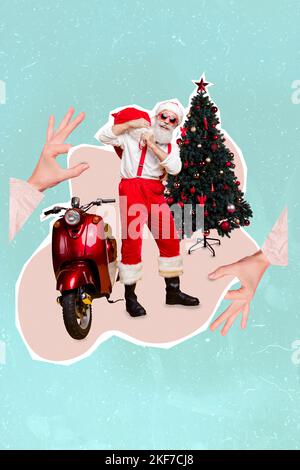 Image composite de collage de santa claus glass frais de transport livraison sac scooter nouvel an arbre de noël mains mobylées cadeaux Banque D'Images