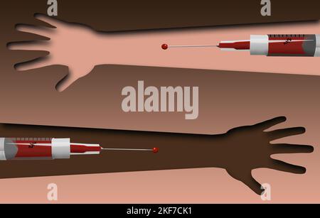 Les dons de sang et les transfusions sont illustrés ici avec des seringues, du sang et deux bras. Voici une illustration en 3 jours. Banque D'Images