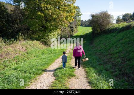 Une mère tenant un panier en osier et son enfant marchant sur un chemin dans la campagne, à la recherche de champignons, lors d'une belle journée ensoleillée. Banque D'Images