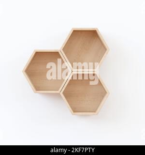 Un rendu en 3D d'étagère en bois Hexagon de style japonais sur fond blanc - concept de mobilier Banque D'Images