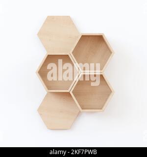 Un rendu en 3D d'étagère en bois Hexagon de style japonais sur fond blanc - concept de mobilier Banque D'Images