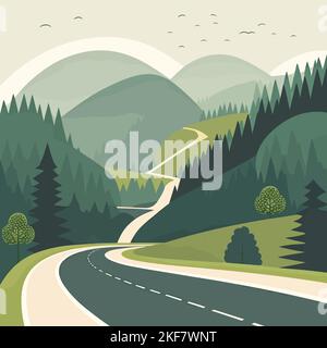 Un beau paysage avec une route traversant les hautes collines vertes - un concept naturel Illustration de Vecteur
