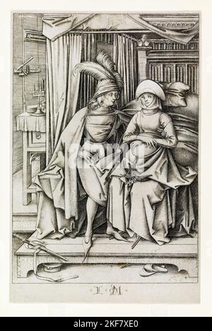 Israël van Meckenem; couple assis sur un lit, de scènes de la vie quotidienne; Circa 1490; gravure; Metropolitan Museum of Art, New York City, Etats-Unis. Banque D'Images