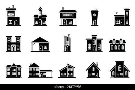 Affiche un ensemble d'icônes plates avec vue extérieure sur l'avant. Immeuble résidentiel en rangée. Façade avec portes et fenêtres. Forme diverse urbaine Suburban maison de ville cottage silhouette noire sur blanc Illustration de Vecteur