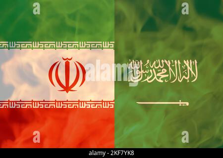 Recentrer la guerre entre l'Iran et l'Arabie saoudite. Drapeau national de l'iran et de l'arabie saoudite. Concept d'un conflit entre l'Arabie saoudite et l'Iran avec des drapeaux Banque D'Images