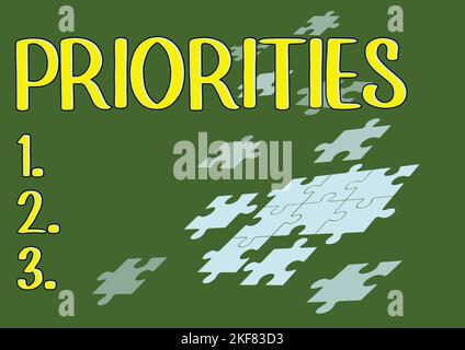 Priorités du texte d'écriture manuscrite. Le mot écrit sur plus important est le fait ou l'état d'être vu ou traité Banque D'Images