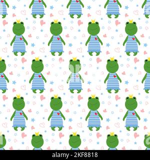 Motif avec une jolie grenouille dans une couronne et des étoiles et des coeurs. Illustration vectorielle gaie sur fond coloré. Illustration de Vecteur