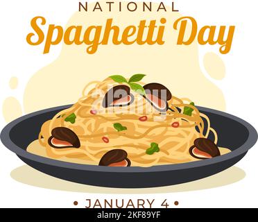 Journée nationale des spaghettis le 4th janvier avec une assiette de nouilles ou de pâtes italiennes différents plats en dessin à la main de dessin de dessin animé Illustration de Vecteur