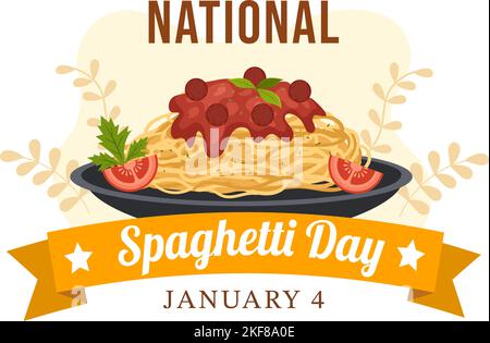 Journée nationale des spaghettis le 4th janvier avec une assiette de nouilles ou de pâtes italiennes différents plats en dessin à la main de dessin de dessin animé Illustration de Vecteur