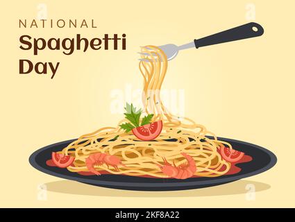 Journée nationale des spaghettis le 4th janvier avec une assiette de nouilles ou de pâtes italiennes différents plats en dessin à la main de dessin de dessin animé Illustration de Vecteur