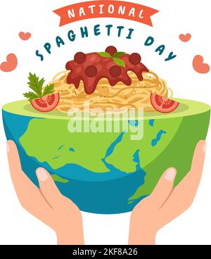 Journée nationale des spaghettis le 4th janvier avec une assiette de nouilles ou de pâtes italiennes différents plats en dessin à la main de dessin de dessin animé Illustration de Vecteur