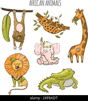 ANIMAUX AFRICAINS mignon Cartoon Circus Zoo Jungle Tropical Savannah dessin manuel Vector Illustration pour impression Illustration de Vecteur