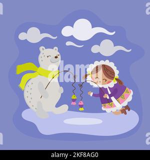 ALASKA BEAR Eskimo Girl Winter Child Comic Funny Animal Flat Design dessin main dessin vectoriel Illustration Set pour l'impression Illustration de Vecteur