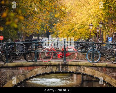 Scène hollandaise classique - vélos sur un pont à Amsterdam, pays-Bas Banque D'Images