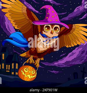 joyeux halloween, illustration d'un hibou portant un costume de sorcière volant avec une lanterne de citrouille la nuit Banque D'Images