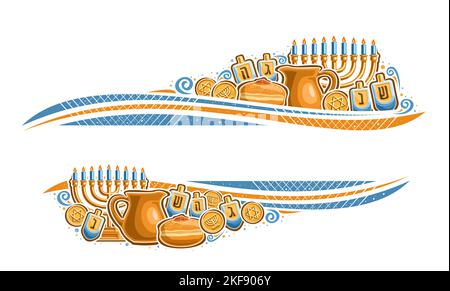 Bordure vectorielle pour Hanukkah avec espace de copie vierge pour texte de félicitations, carte de vœux décorative avec illustration de la menorah dorée, gravure bleue c Illustration de Vecteur