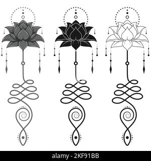 Lotus Flower Vector Design avec symbole hindou unalome, symbole yoga et induisme, motifs de fleurs de lotus pour tatouage Illustration de Vecteur