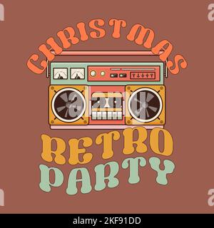 Imprimé de Noël très fin avec magnétophone rétro et fête rétro de Noël. Graphiques des fêtes. Image clipart vecteur sur fond sombre Illustration de Vecteur