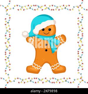 Homme de pain d'épice, décoration pour le nouvel an, Noël et vacances dans le cadre de guirlande avec ampoules. Illustration vectorielle plate Illustration de Vecteur