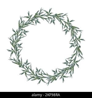 Couronne fleurie de branches et de feuilles vertes. Éléments à motif fleuri. Illustration aquarelle dessinée à la main pour les invitations et les cartes de vœux. Banque D'Images