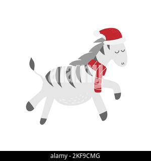 Mignon et drôle cheval zébré portant chapeau de Santa pour Noël et sourire - vecteur. Zèbre de style dessiné à la main sur blanc Illustration de Vecteur