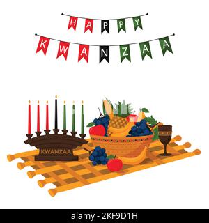 Carte de vacances carrée de Happy Kwanzaa. Une composition avec un tapis tissé, un kinara, un panier de fruits et une coupe unitaire. Illustration vectorielle de dessin animé sur un b blanc Illustration de Vecteur