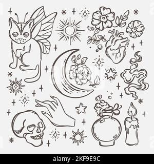 SYMBOLES ASTROLOGIQUES Monochrome objets dessinés à la main esquisse Astrologique alchimie et occulte Celestial Collection Magical Accessories Cartoon Vector Illus Illustration de Vecteur