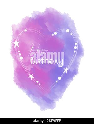 Carte d'anniversaire avec coeur blanc, étoiles et fond violet rose aquarelle. Illustration vectorielle Illustration de Vecteur