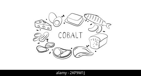 Aliments contenant du cobalt. Groupes de produits sains contenant des vitamines et des minéraux. Ensemble de fruits, légumes, viandes, poissons et produits laitiers Illustration de Vecteur