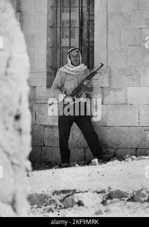 Al-Ramtha, Jordanie. 3rd avril 2017. Jordanie. Une guérilla palestinienne combattant contre les forces de l'armée jordanienne, lors de l'offensive militaire du « septembre noir » de la Jordanie contre les combattants palestiniens en 1970. Le mois de septembre noir est un conflit qui a éclaté dans le Royaume hachémite de Jordanie entre les forces armées jordaniennes et l'Organisation de libération de la Palestine en septembre 1970, avec des affrontements qui se poursuivent jusqu'à la mi-juillet 1971 (Credit image: © Jack Burlot/IMAGESLIVE via ZUMA Press Wire) Banque D'Images