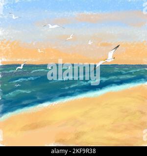 Mouettes volant dans le ciel du soir au-dessus de la mer ondulée. Bord de mer et plage de sable. Banque D'Images