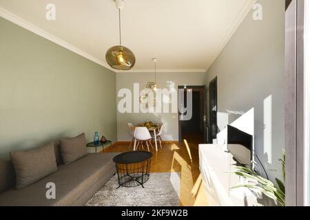 Salle de séjour d'une maison décorée de canapés-lits pliants en tissu gris, tapis et lumière du soleil se déversant par la fenêtre Banque D'Images