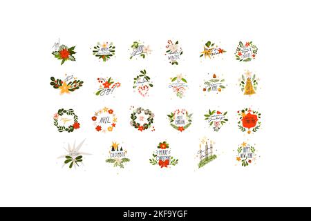 Dessin à la main vecteur abstrait graphique Joyeux Noël et bonne nouvelle année clipart illustrations message d'accueil emblème ensemble avec fleurs, feuilles et lettrage Illustration de Vecteur