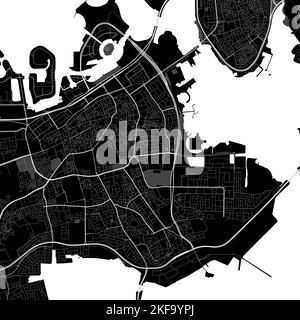 Carte vectorielle Manama. Carte vectorielle détaillée de la zone administrative de la ville de Manama. Vue sur l'aria métropolitain avec affiche CityScape. Terre noire avec routes blanches et av Illustration de Vecteur