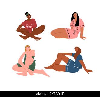 Ensemble jeune femme tendance portant des vêtements confortables, vêtements pour la maison. Multiculturel mignonne filles dans divers pyjamas confortables, chemise de nuit, vêtements de nuit. Illustration de dessin animé à vecteur plat. Illustration vectorielle Illustration de Vecteur