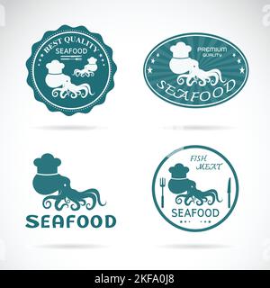 Ensemble d'étiquettes de fruits de mer à poulpe vectorielle sur fond blanc. Illustration vectorielle superposée facile à modifier. Nourriture. Animaux. Illustration de Vecteur
