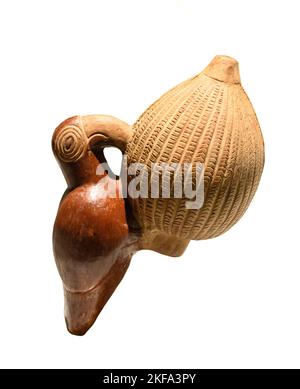 Vase ou pot en céramique zoomorphique sous forme d'oiseau mangeant un fruit. De la culture Chimor - Royaume inca ou Chimu - inca du Pérou. Horizon tardif Banque D'Images