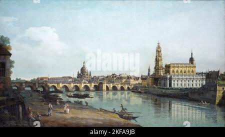 Bernardo Bellotto paysage peinture, Dresde vue de la rive droite de l'Elbe sous le pont Augustes, huile sur toile, 1748 Banque D'Images