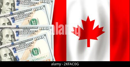 Dollars sur le drapeau du Canada, finances canadiennes, subventions, soutien social, concept du PIB Banque D'Images