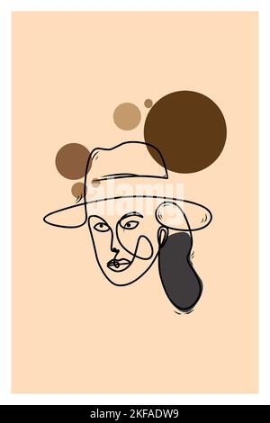 Dessin vectoriel d'une seule ligne montrant une jeune femme portant un chapeau fedora. Très adapté aux illustrations ou aux peintures sur le mur Illustration de Vecteur