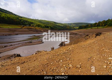 Les souches d'arbres, les roches et les restes de bâtiment sont à la portée du fond du réservoir Ladybower. Banque D'Images