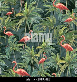 Une forêt de cocotiers avec des flamants roses sur un fond sombre. Illustration aquarelle. Motif sans coutures provenant d'un grand ensemble CUBA. Pour le tissu Banque D'Images