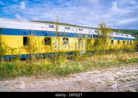 Ancienne voiture de chemin de fer abandonnée et surcultivée en Alaska Banque D'Images