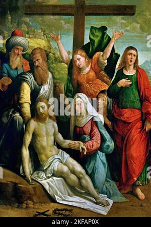 Présentation avec la Sainte Marie, Saint Jean, Magdalene, Marie de Cléopa, Nicodème et Joseph d'Arimathea - atelier Garofalo? En fait, le travail d'un disciple de Tis, un artiste proche de Giovan Battista Benvenuti , connu sous le nom d'Ortolano 1527, Italie, italien, Banque D'Images