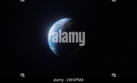jour et nuit sur la planète la terre tourne dans l'espace avec l'étoile dans l'univers. Atmosphère réaliste 3D nuages volumétriques texture surface de la planète bleue Banque D'Images
