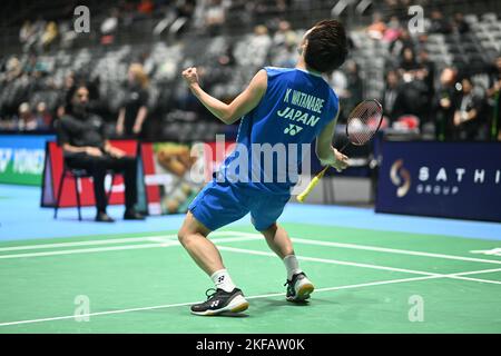 Sydney, Australie. 17th novembre 2022. Koki Watanabe, du Japon, vu lors du groupe SATHIO 2022, Australian Badminton Open, le seul tour masculin du match de 16 contre Kento Nishimoto, du Japon. Watanabe a remporté le match, 21-13, 22-20. Crédit : SOPA Images Limited/Alamy Live News Banque D'Images