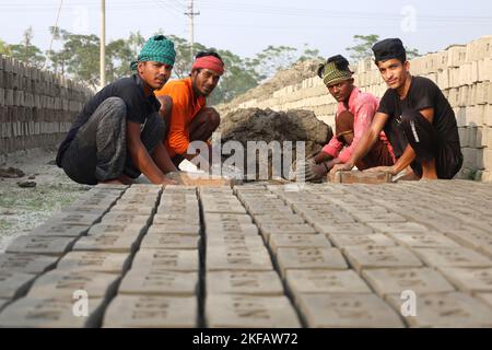 Munshigonj, Munshigonj, Bangladesh. 17th novembre 2022. Les travailleurs font des briques dans un four de briques dans le district de Munshiganj au Bangladesh. La principale matière première de la brique est l'argile. L'argile est préparée et moulée en formes rectangulaires et laissée sécher au soleil. Il y a quatre étapes pour faire des briques. Il s'agit de la préparation d'argile de brique, de la moulage de briques, du séchage de briques au soleil et de la combustion de briques au feu. Une brique pèse 5 livres. (Credit image: © Syed Mahabubul Kader/ZUMA Press Wire) Banque D'Images