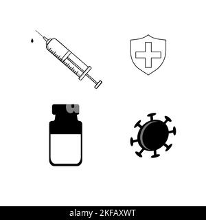 Seringue, flacon de vaccin, germe de virus et jeu d'icônes de bouclier protecteur médical, injection de vaccin de traitement, logo de contour simple plat médical Illustration de Vecteur