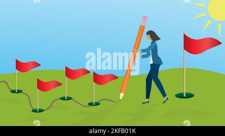Femme planifiant son chemin vers le grand but. Dimension 16:9. Illustration vectorielle. Illustration de Vecteur